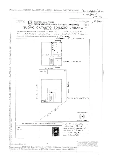 Planimetria catastale dell'appartamento al piano secondo e della cantina